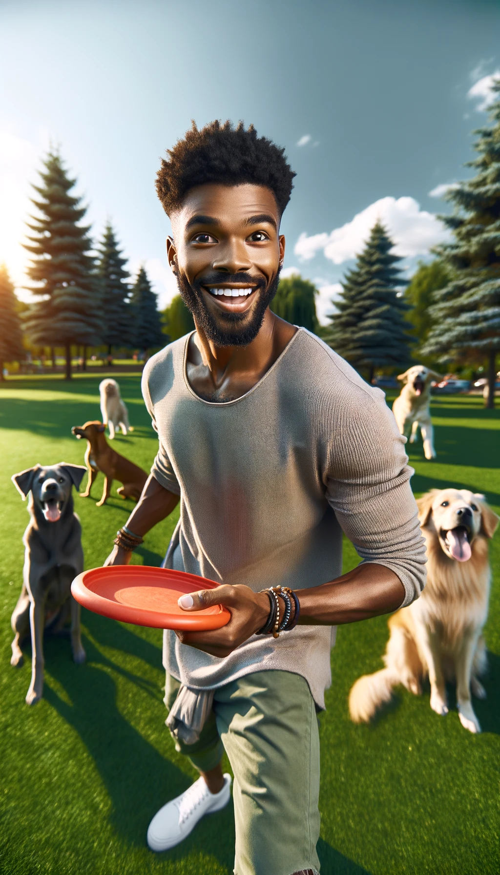 a portrait of a young black male smiling while throwing a frisbee at a dog park